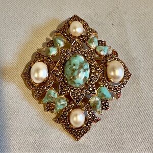 Vintage Faux Turquoise Faux Pearl Bold Victorian Style Brooch or Pendant